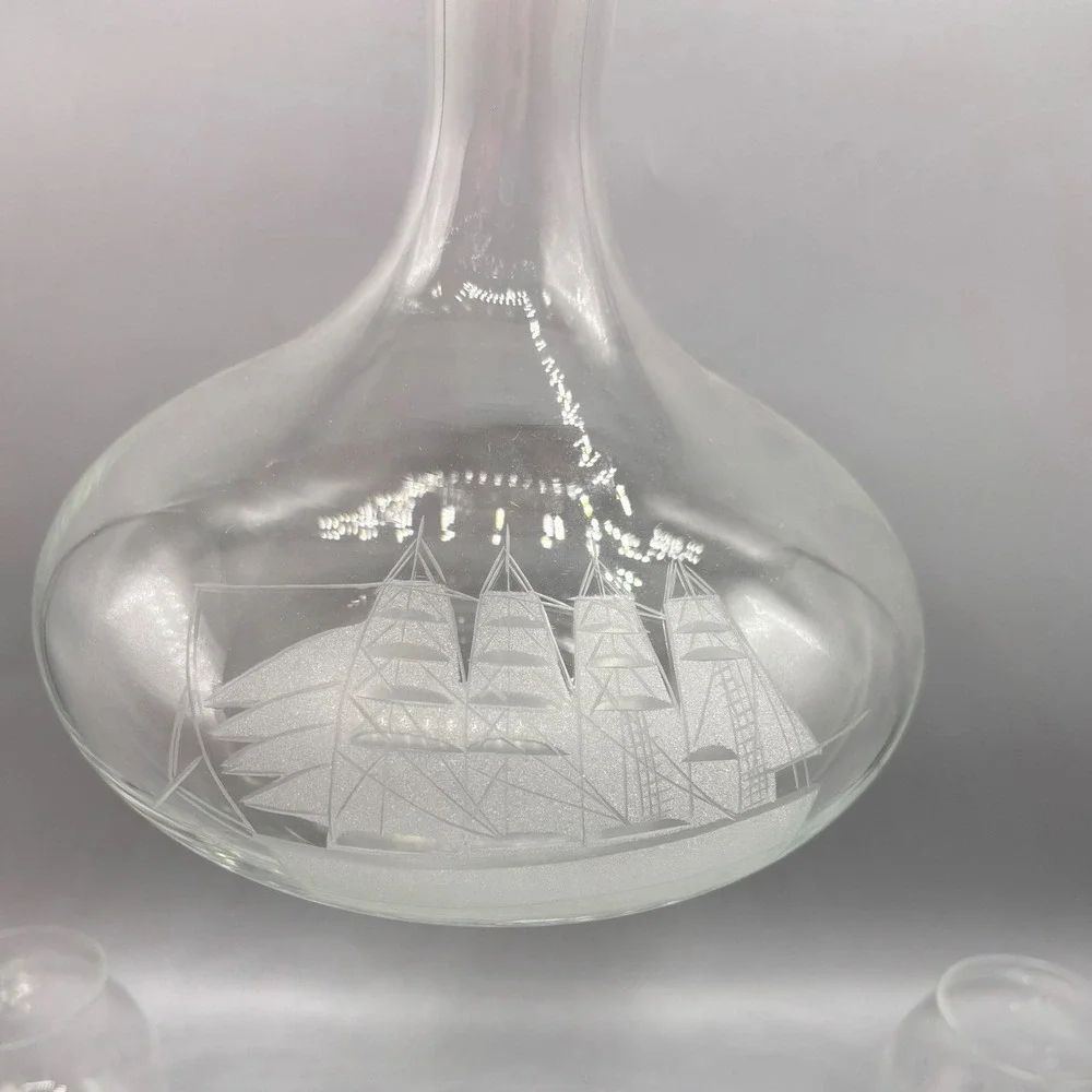Vtg Etched Crystal Nautical Clipper Ship Decanter Set 6 Glasses Barware‎